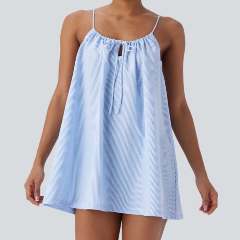 HALARA SIZE M NWOT Adjustable Tie Neck Cut Out Stripe Mini Lounge Slip Dress